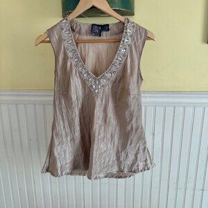 y2K 2000s Beaded V-Neck 100% Silk Sleeveless Blouse By Cotton Express Missy M